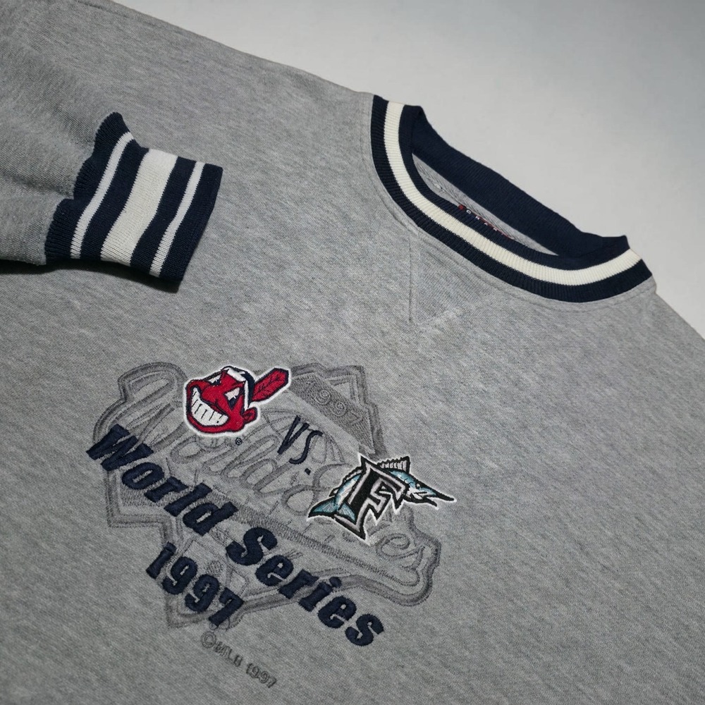 Vintage MLB World Series 1997 Sweater Cleveland‎ Indians Florida Marlins Mens L